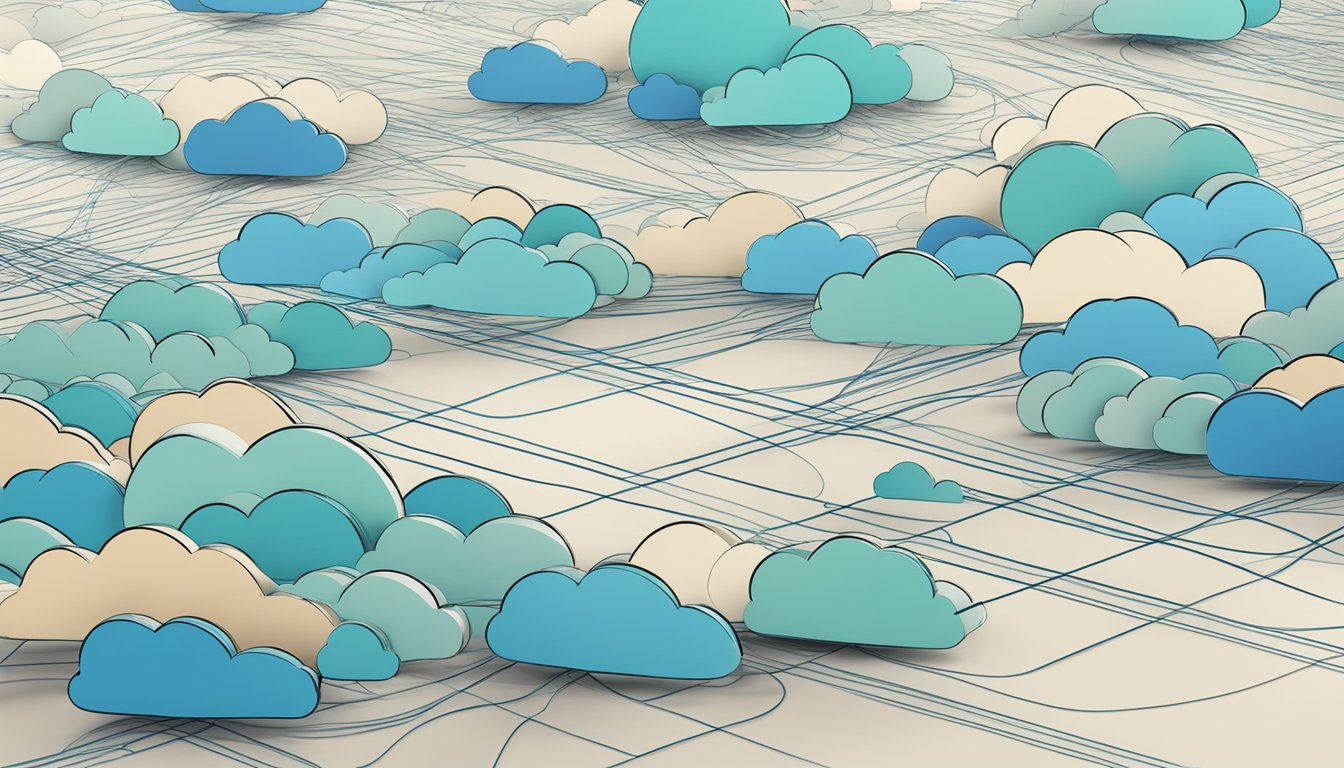 A group of abstract cloud shapes connected by lines, representing a secure and collaborative cloud-based work environment