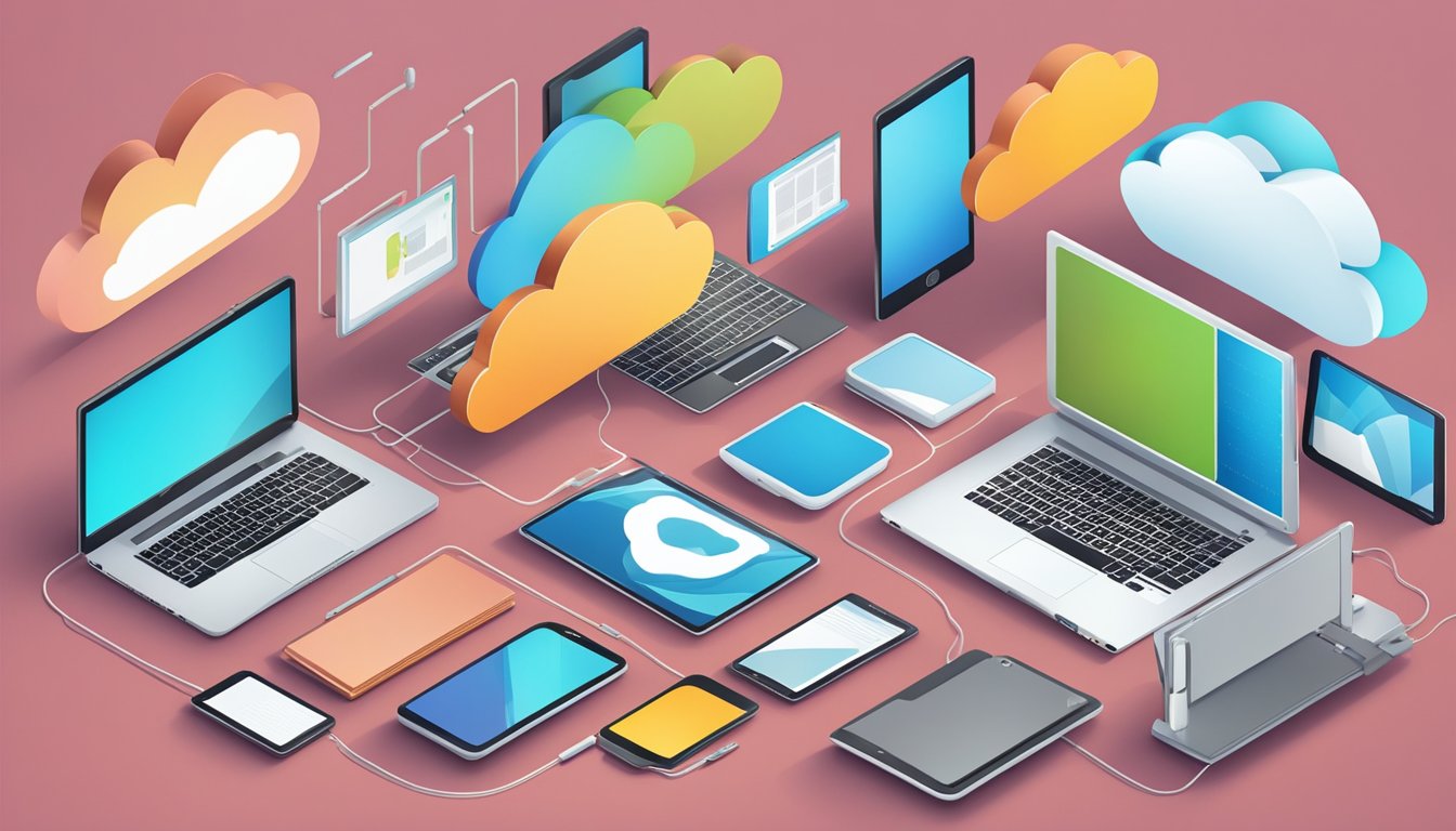 A group of diverse office objects, such as laptops, tablets, and smartphones, are interconnected by cloud-like lines, symbolizing seamless work collaboration