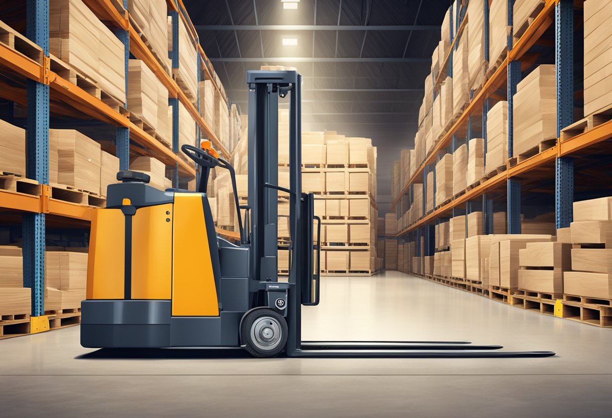 A crown pallet jack lifting a stack of wooden pallets in a warehouse