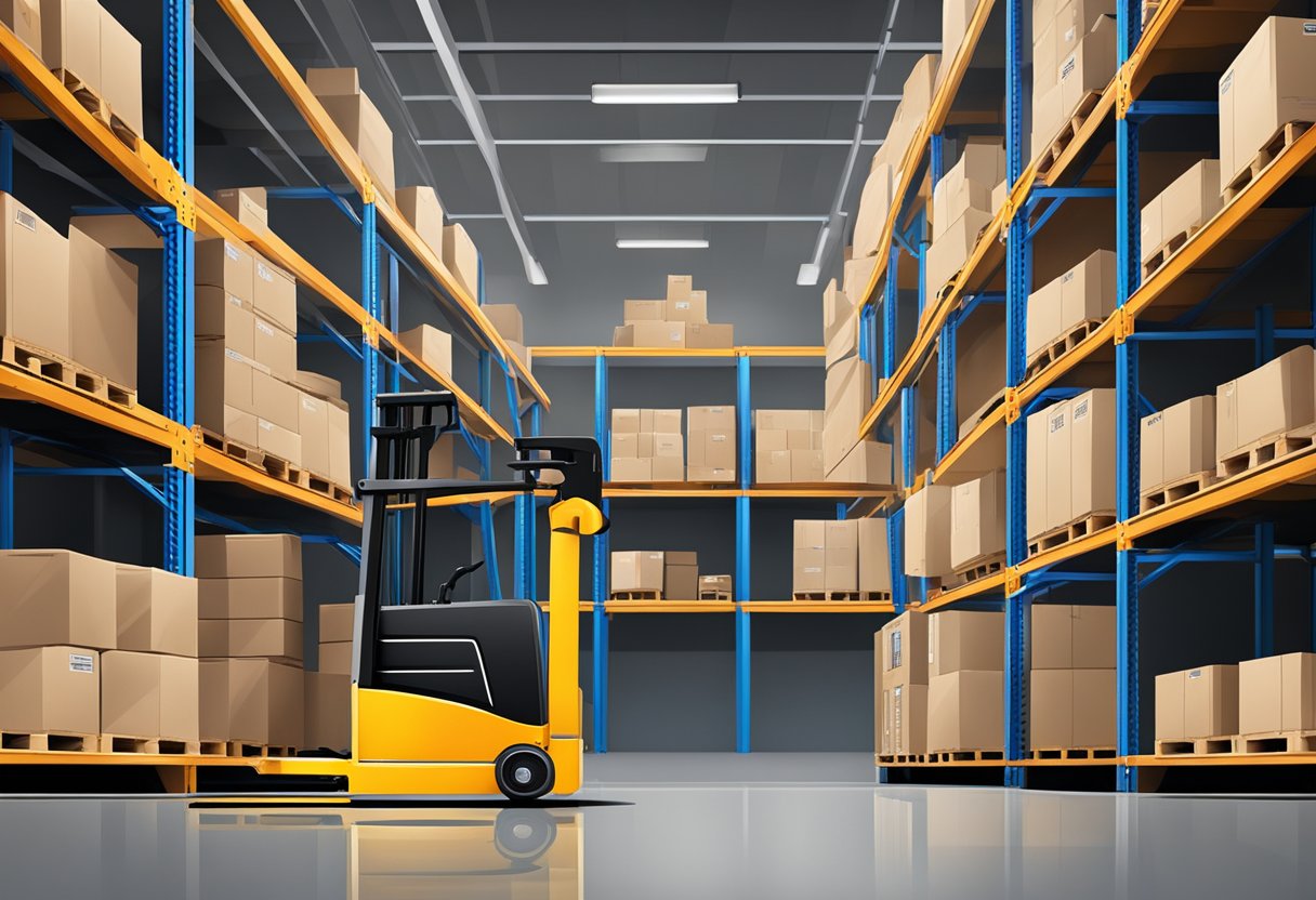 A warehouse with a crown pallet jack moving goods among shelves and crates