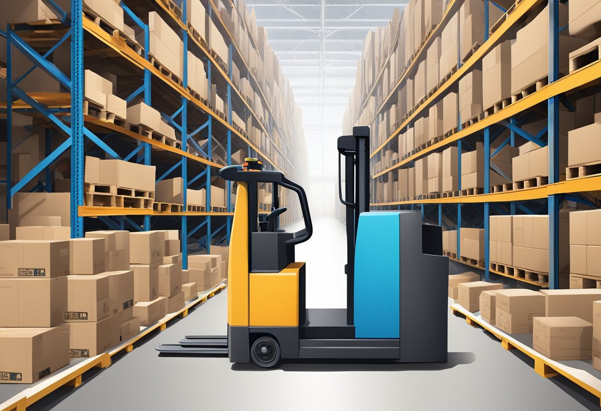 A warehouse scene with a pallet jack surrounded by frequently ordered parts