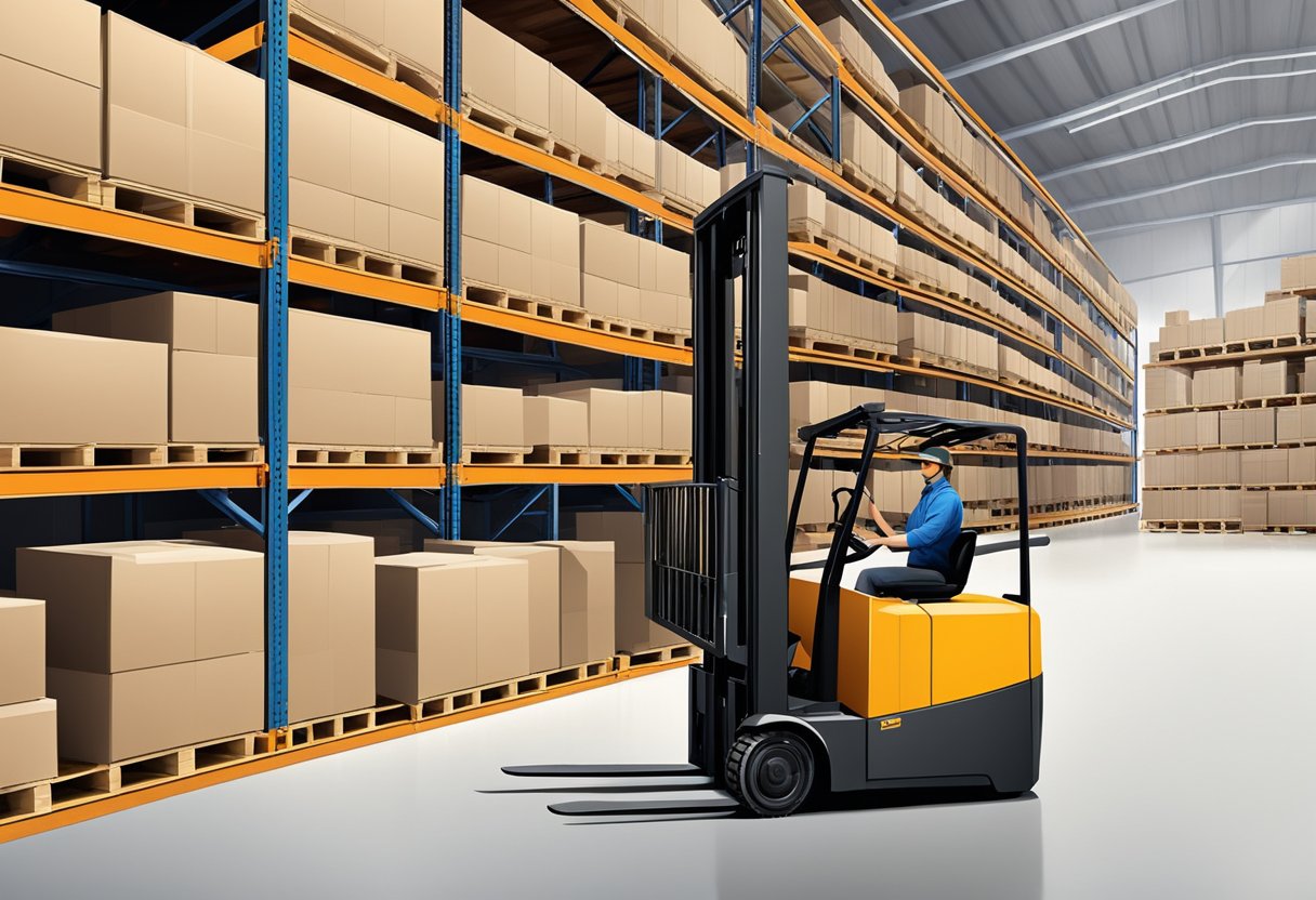 An electric forklift lifting a pallet of goods in a warehouse