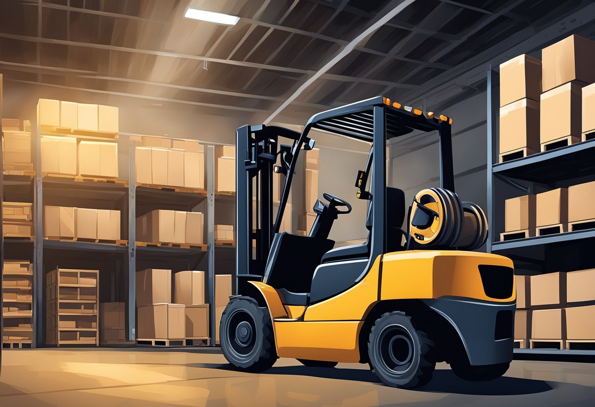 A forklift sits idle in a quiet, dimly lit warehouse, bathed in a soft, lulling glow