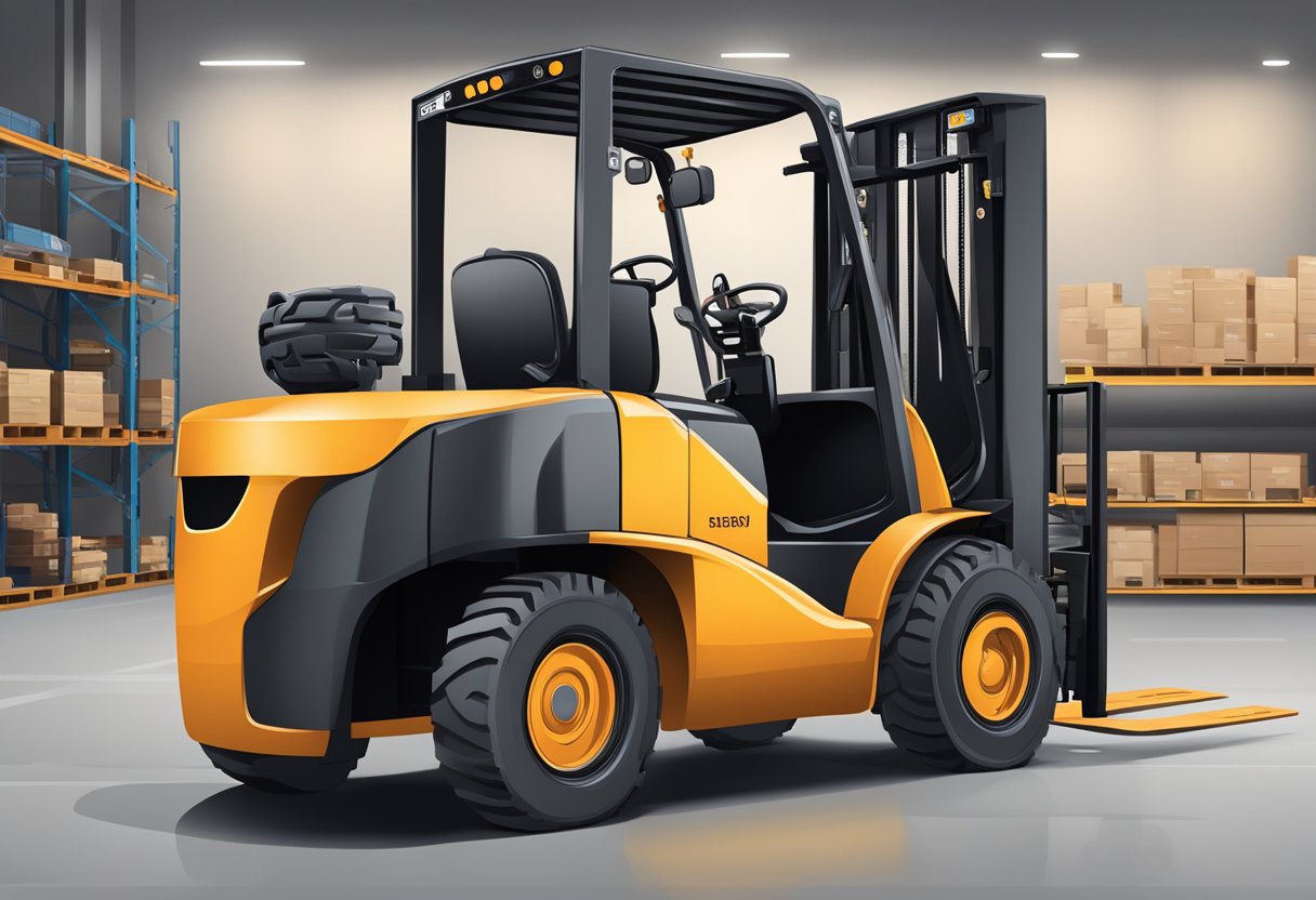 A forklift sits idle with its features and accessories on display