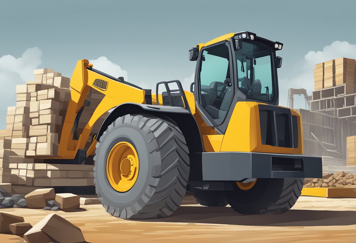 A telehandler parked in a construction site, surrounded by other heavy machinery and materials