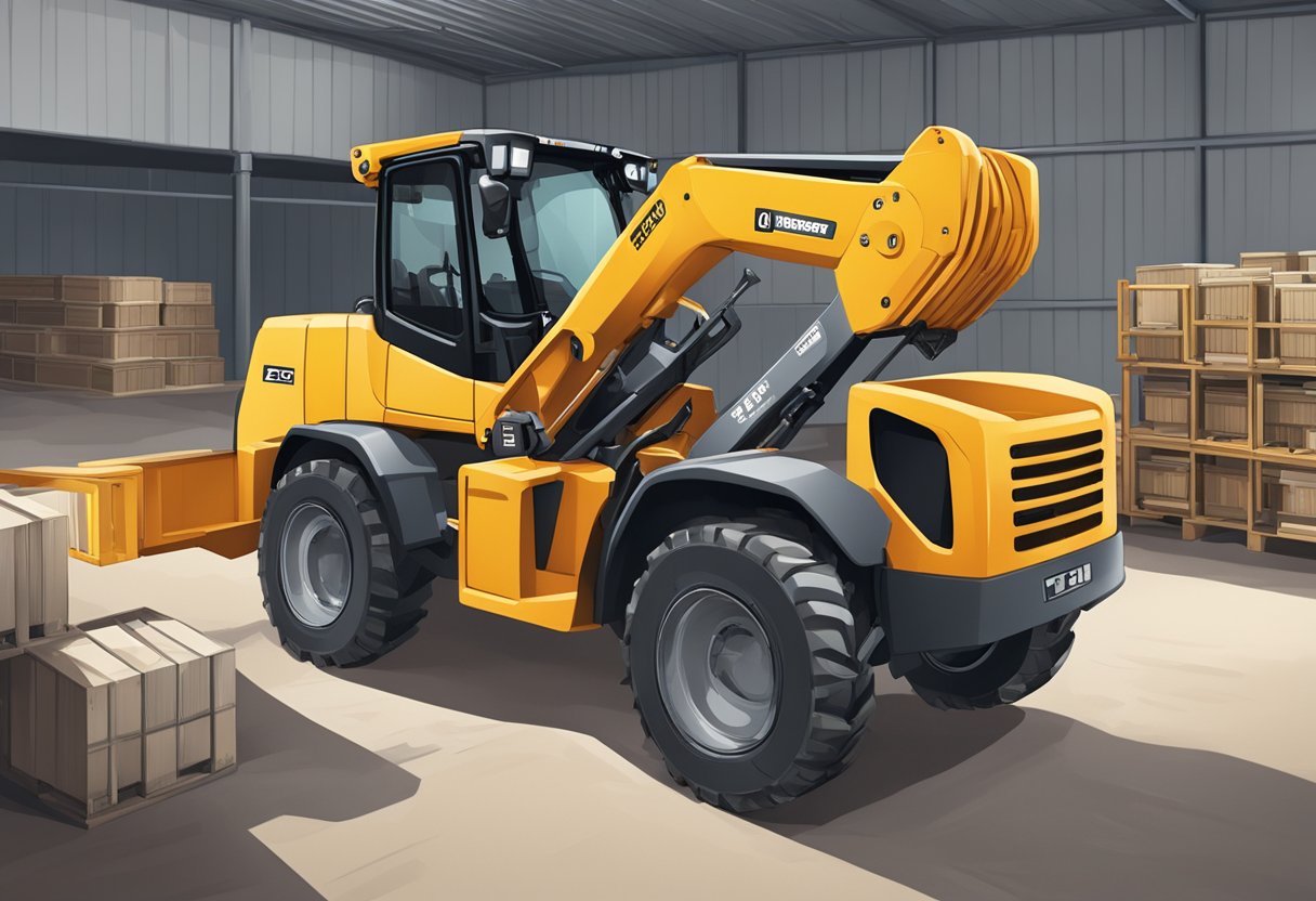 A telehandler parked in a well-lit industrial yard, with clear signage indicating safety and operation instructions