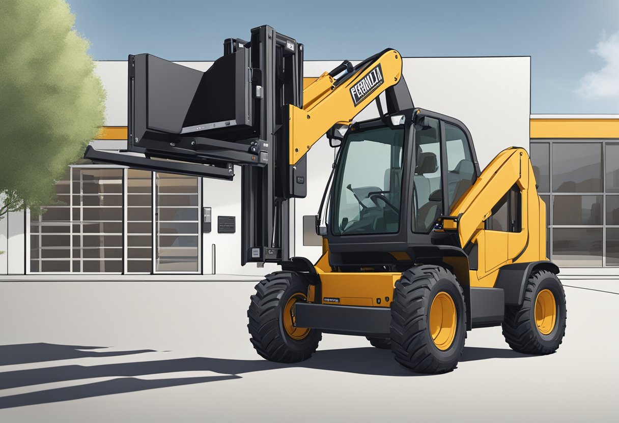 A telehandler parked in front of a rental office, with a sign displaying "Frequently Asked Questions" prominently displayed