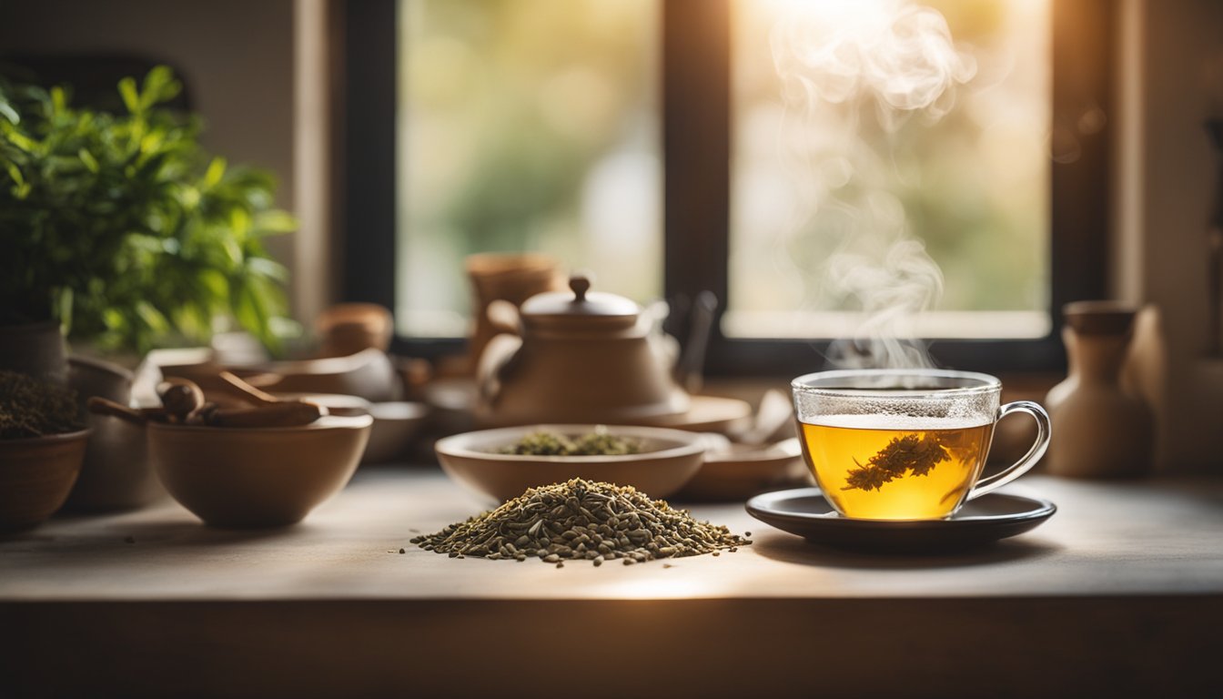 A cozy kitchen with steaming ashwagandha tea, dried herbs, and a sunny window