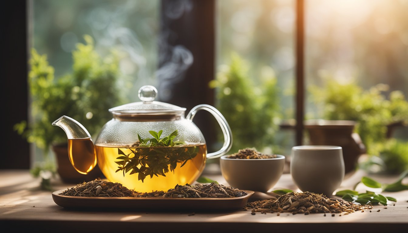 A cozy kitchen scene with a steaming teapot of ashwagandha tea, dried root slices, and herbs. Sunny window emphasizes its calming properties