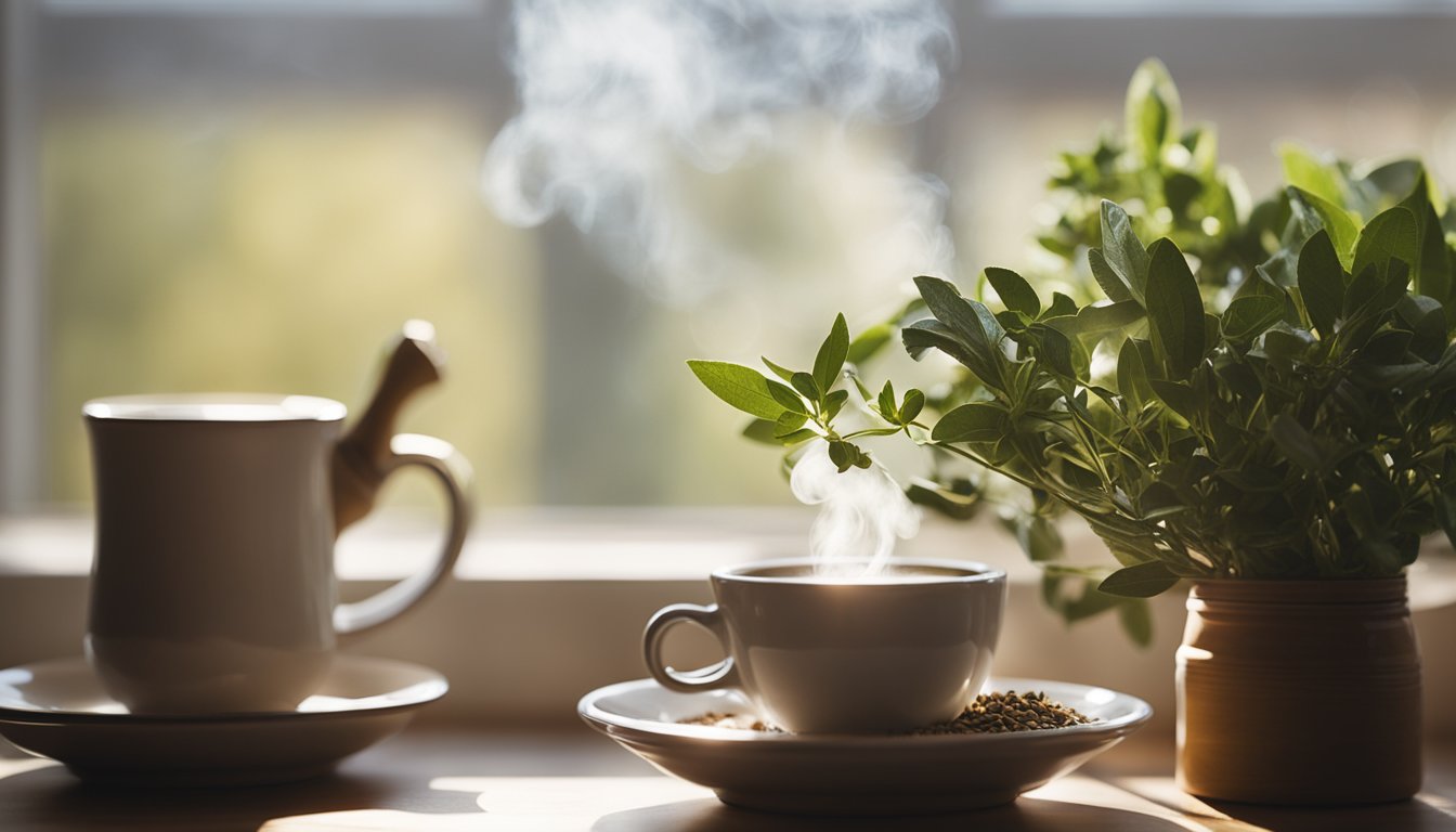 A cozy kitchen scene with steaming ashwagandha tea, dried herbs, and a sunny window emphasizing its health benefits