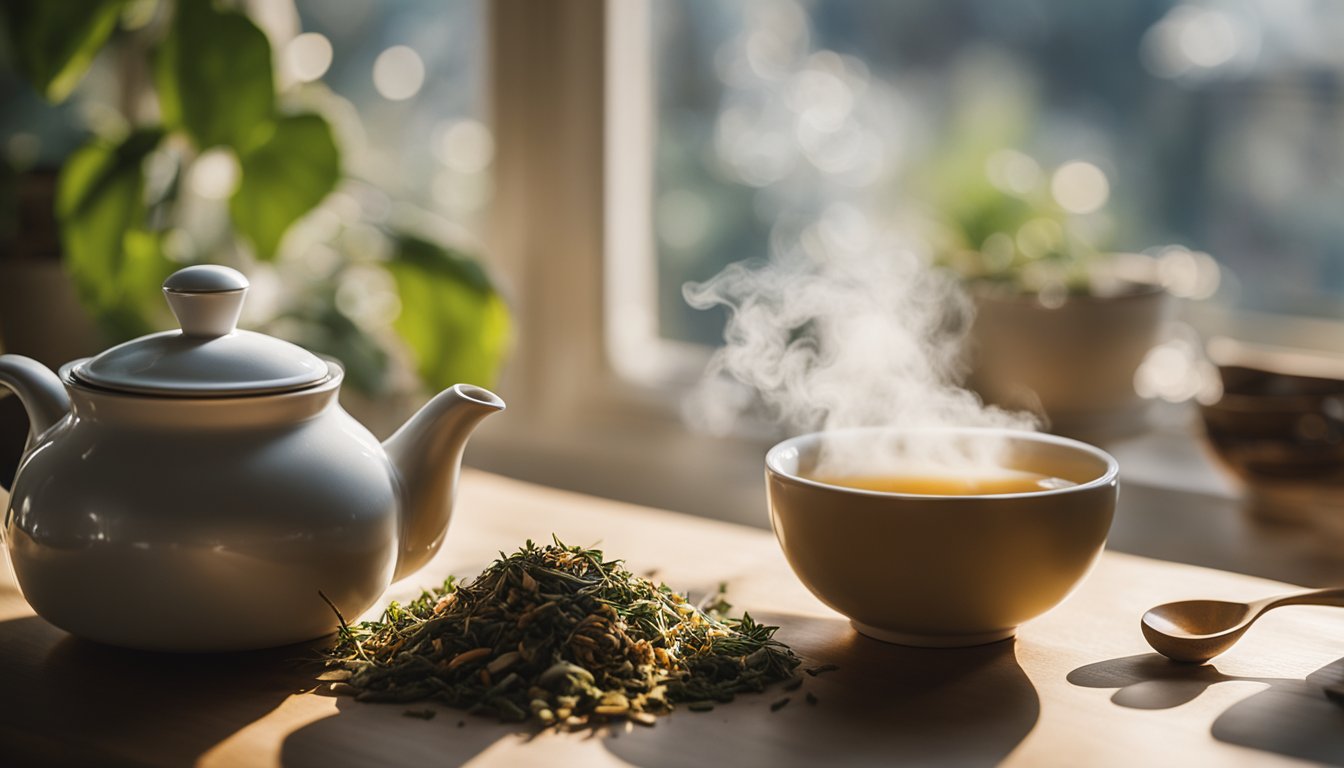 A cozy kitchen with a steaming teapot of ashwagandha tea, dried herb bowls, and a sunny window emphasizing its calming properties