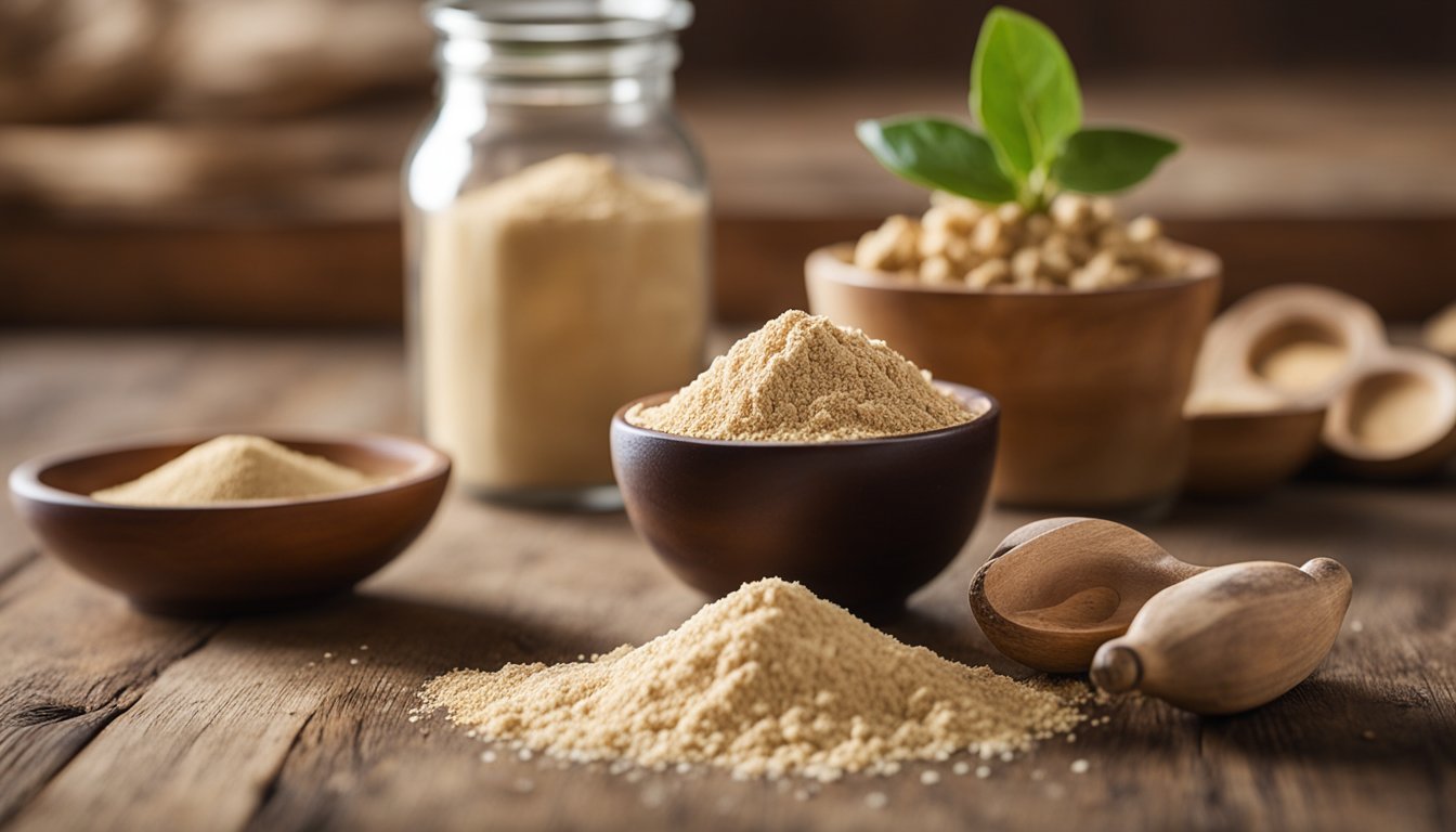 Fresh ashwagandha roots and powder on a wooden table, with natural light in a rustic kitchen setting