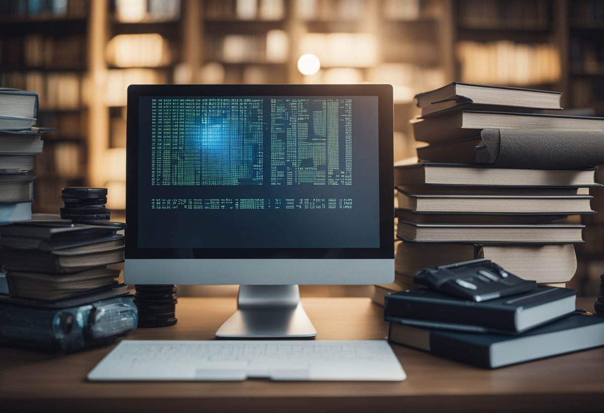 A computer with AI code on screen, surrounded by books and certificates