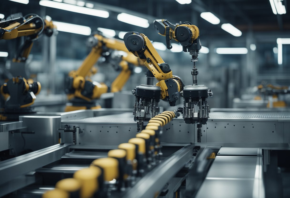 Robotic arms assemble products in a futuristic factory. Conveyor belts move materials while AI technology controls the production process