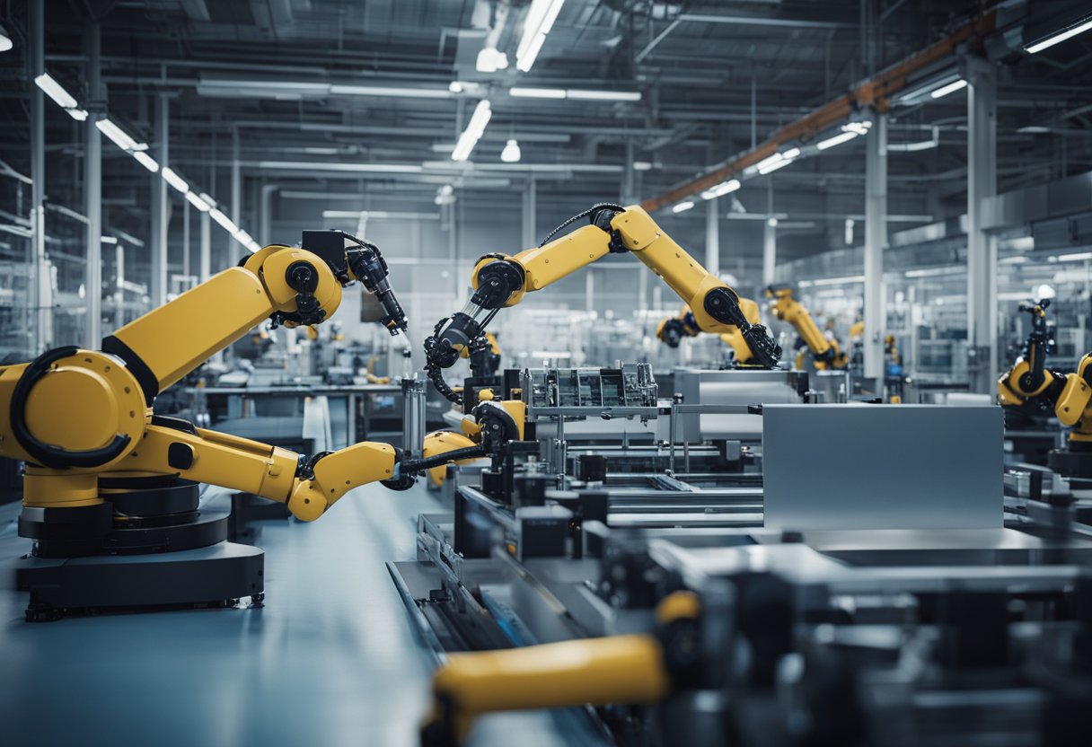 A factory floor with robotic arms and conveyor belts, all connected to a central AI system for supply chain optimization and demand forecasting in manufacturing