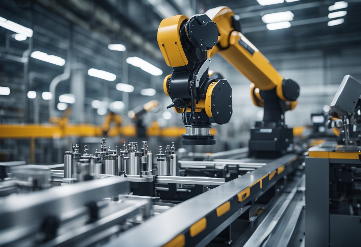 Robotic arms assembling products on a conveyor belt in a high-tech manufacturing facility. AI algorithms monitor and optimize the production process for maximum efficiency