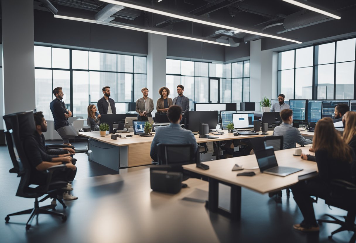 An AI product manager overseeing a team of developers and designers brainstorming and collaborating on a new project in a modern, high-tech office space