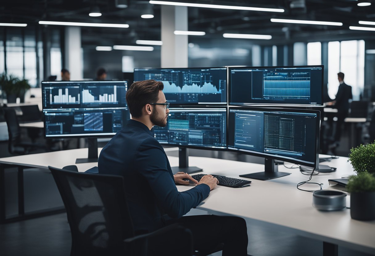 An AI product manager overseeing the development of AI-driven products, surrounded by computer screens and technology equipment in a modern office setting