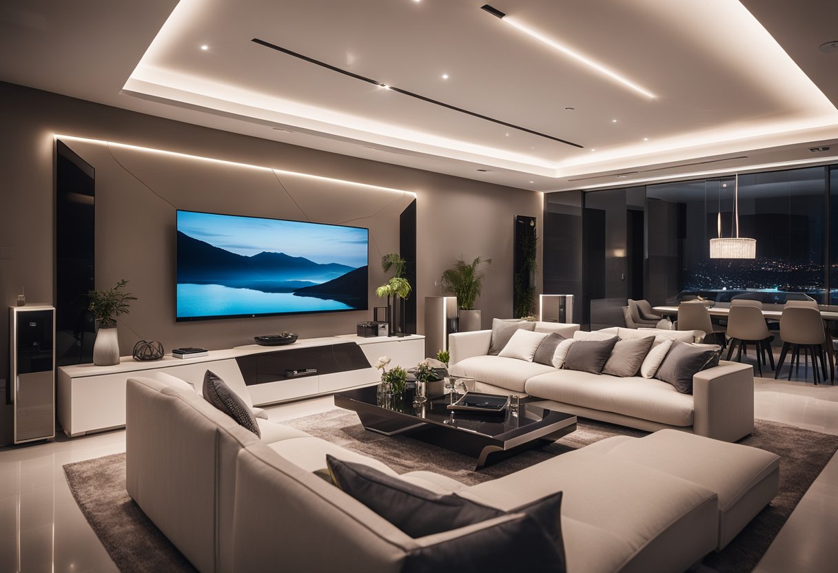 A sleek, modern living room with AI-controlled lighting and furniture, showcasing futuristic design elements and smart home technology