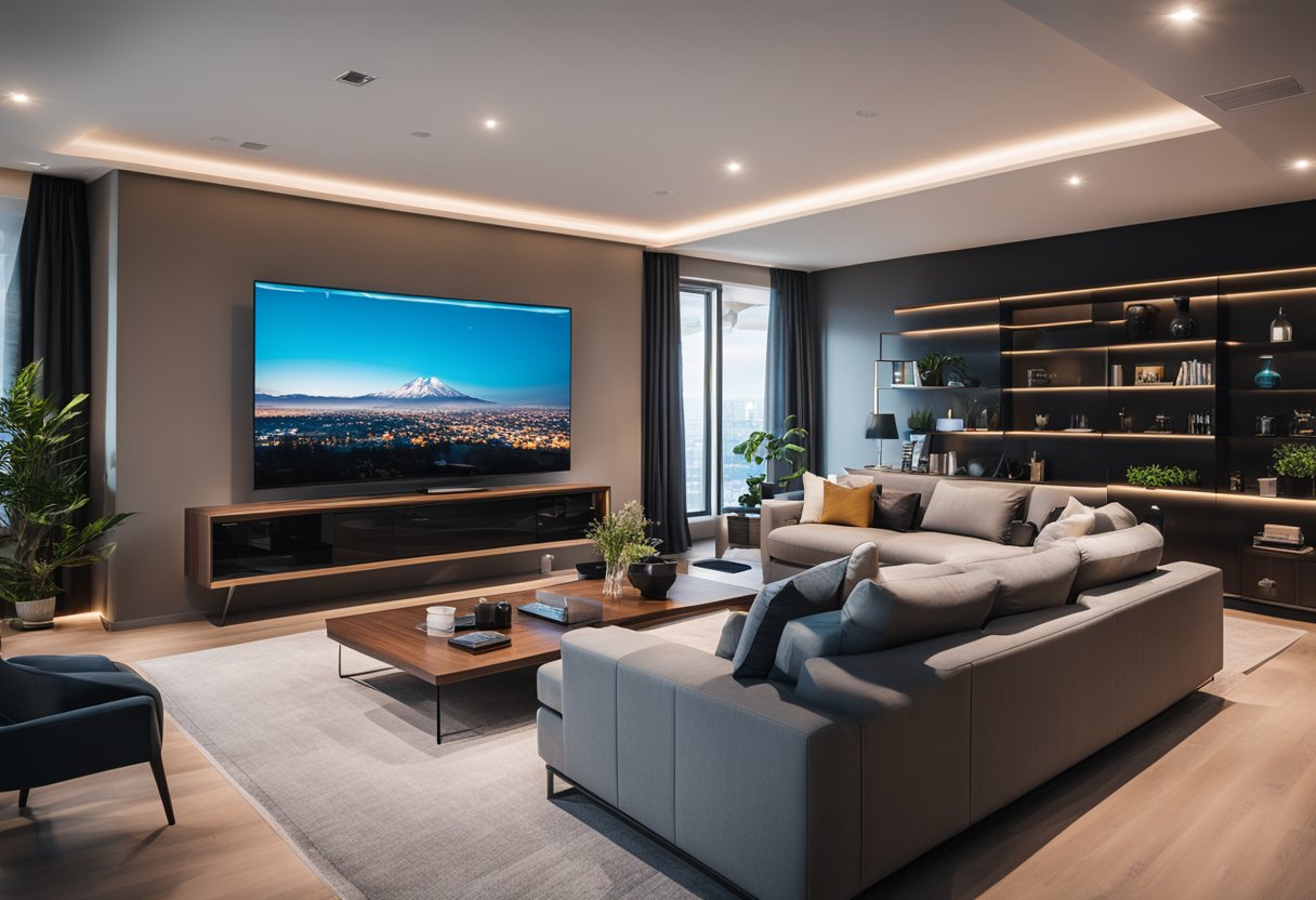 A modern living room with AI-powered smart home devices controlling lighting, temperature, and entertainment systems, creating a seamless and efficient interior design