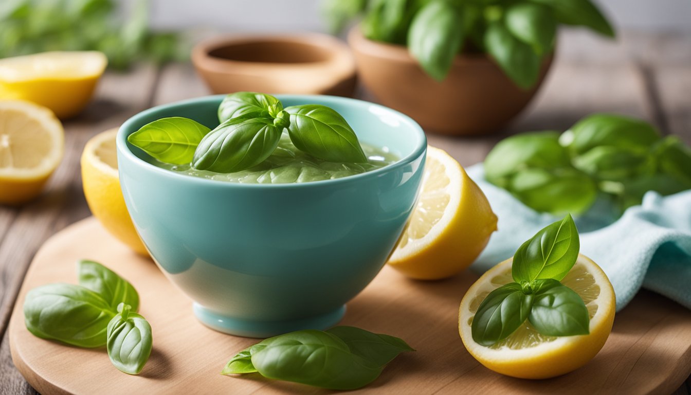 A small bowl holds a basil face mask on a wooden table, surrounded by fresh basil leaves, lemon slices, and a jar of honey. The bright bathroom setting has soft lighting