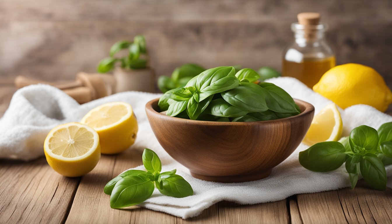 A small bowl holds a basil face mask on a wooden table, surrounded by fresh basil leaves, lemon slices, and honey. The bright bathroom background adds soft lighting