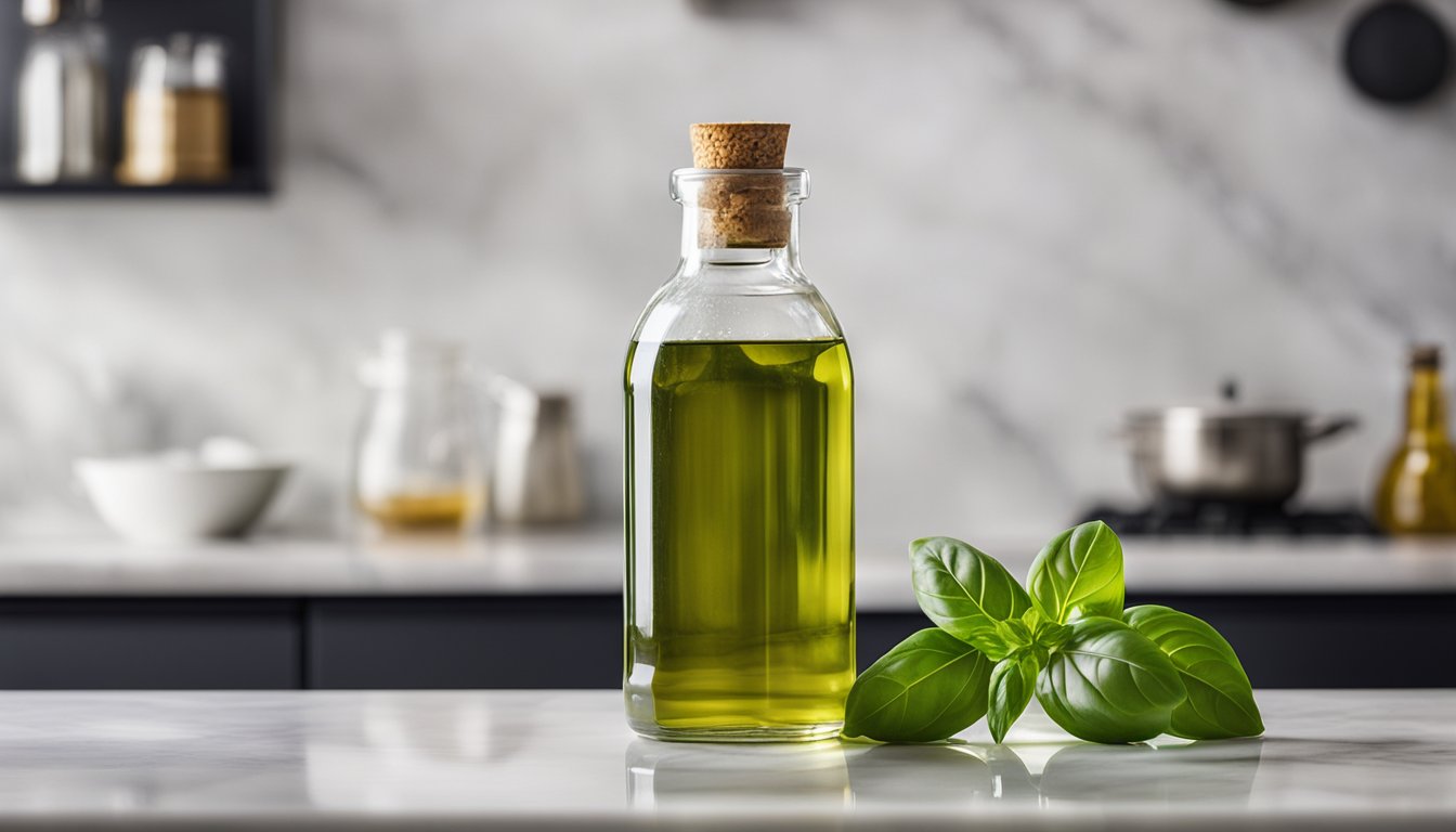 A glass bottle of basil-infused oil with fresh basil leaves, on a marble countertop in a modern kitchen. Sunlight highlights the purity and freshness of the oil