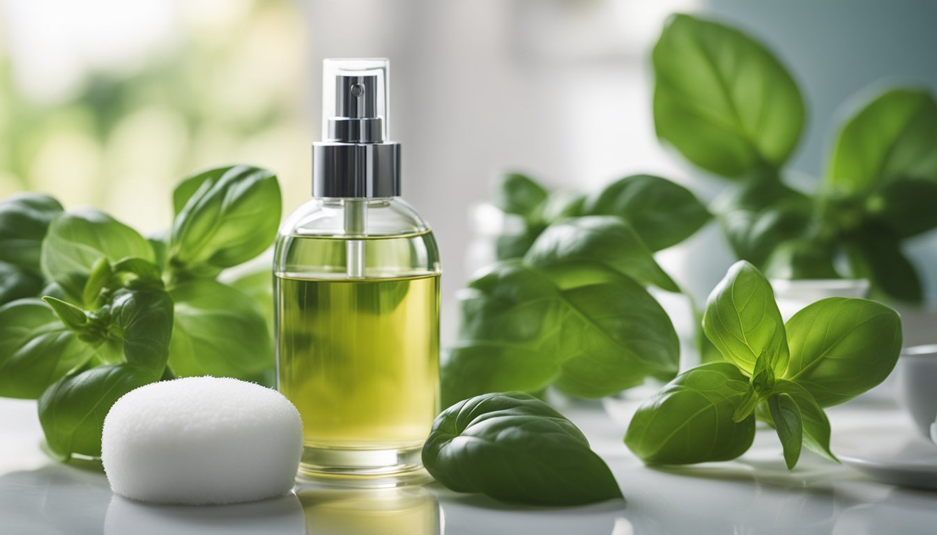 A 'Basil Toner' spray bottle sits on a vanity with fresh basil leaves, tea, and cotton pads. The mirror reflects a bright, airy room