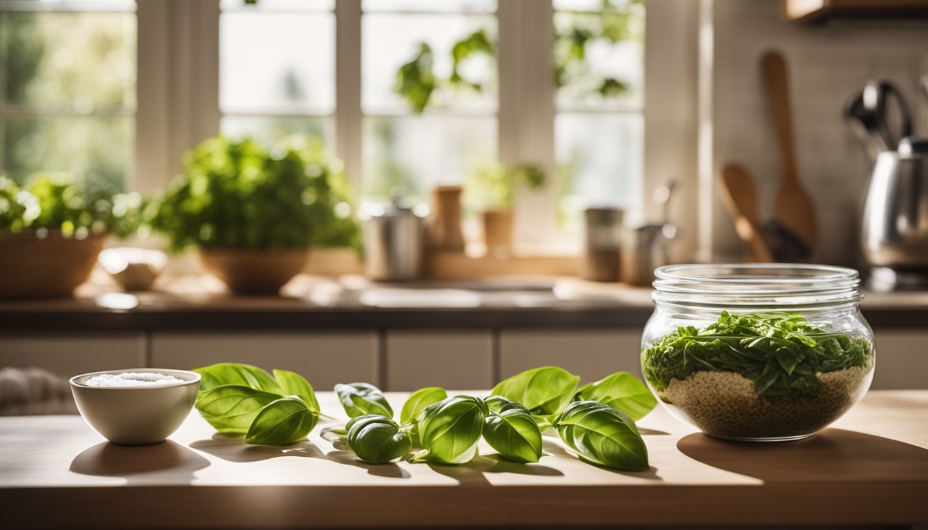 A sunny kitchen counter with a basil face mask bowl, surrounded by neatly arranged ingredients, and a bright window streaming in natural light