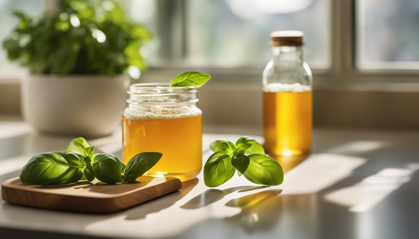 A sunny kitchen counter displays a fresh basil face mask with crushed leaves, honey, and yogurt. Light streams in from a window, highlighting the natural ingredients