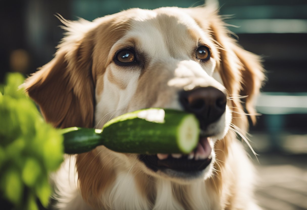 A happy dog eagerly munches on a fresh cucumber, with a wagging tail and bright eyes