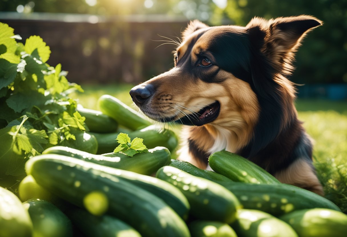 A happy dog munches on a pile of cucumbers in a sunny garden