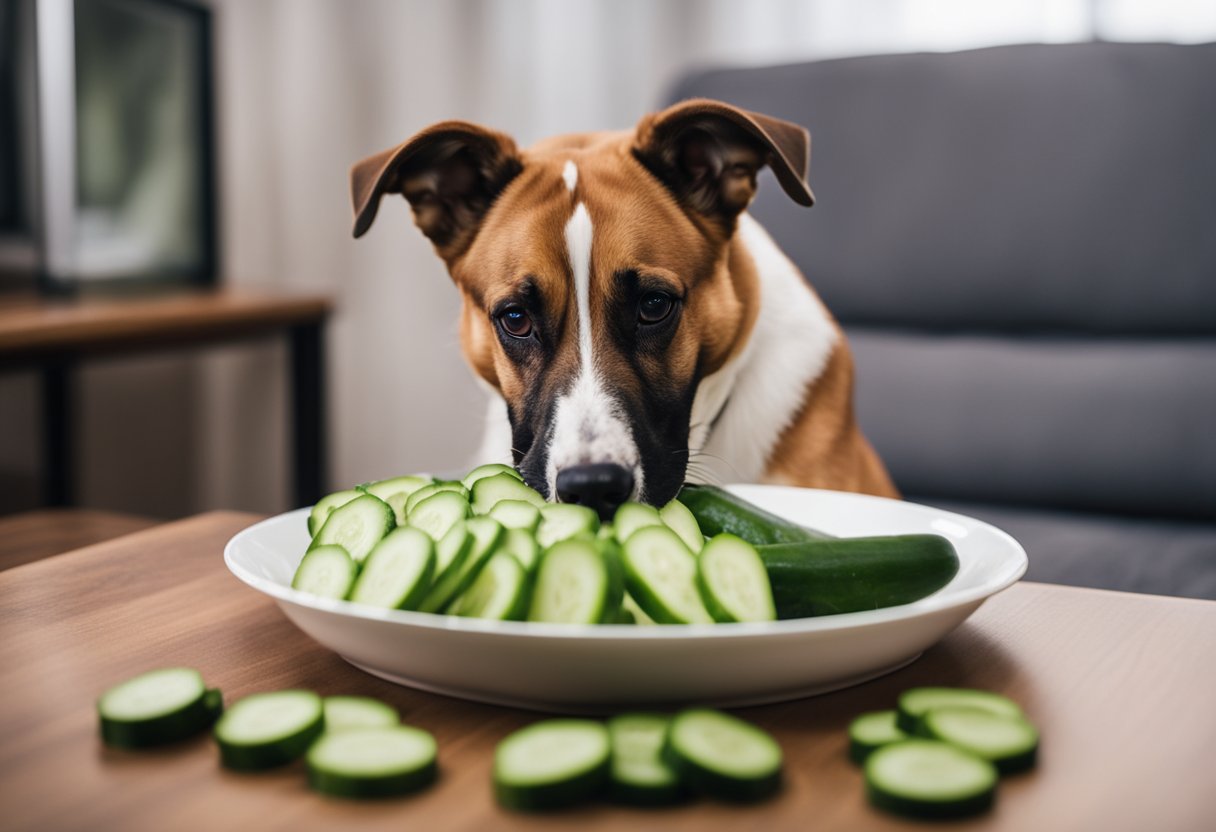 A dog eagerly munches on a fresh cucumber, with a bowl of sliced cucumbers nearby