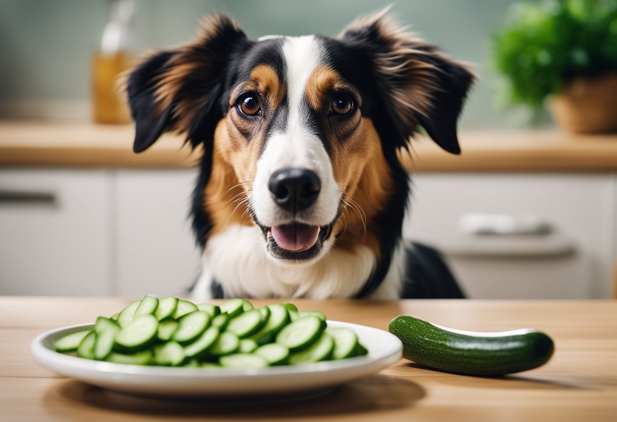 A happy dog with a wagging tail, eagerly eating a slice of cucumber from a food bowl