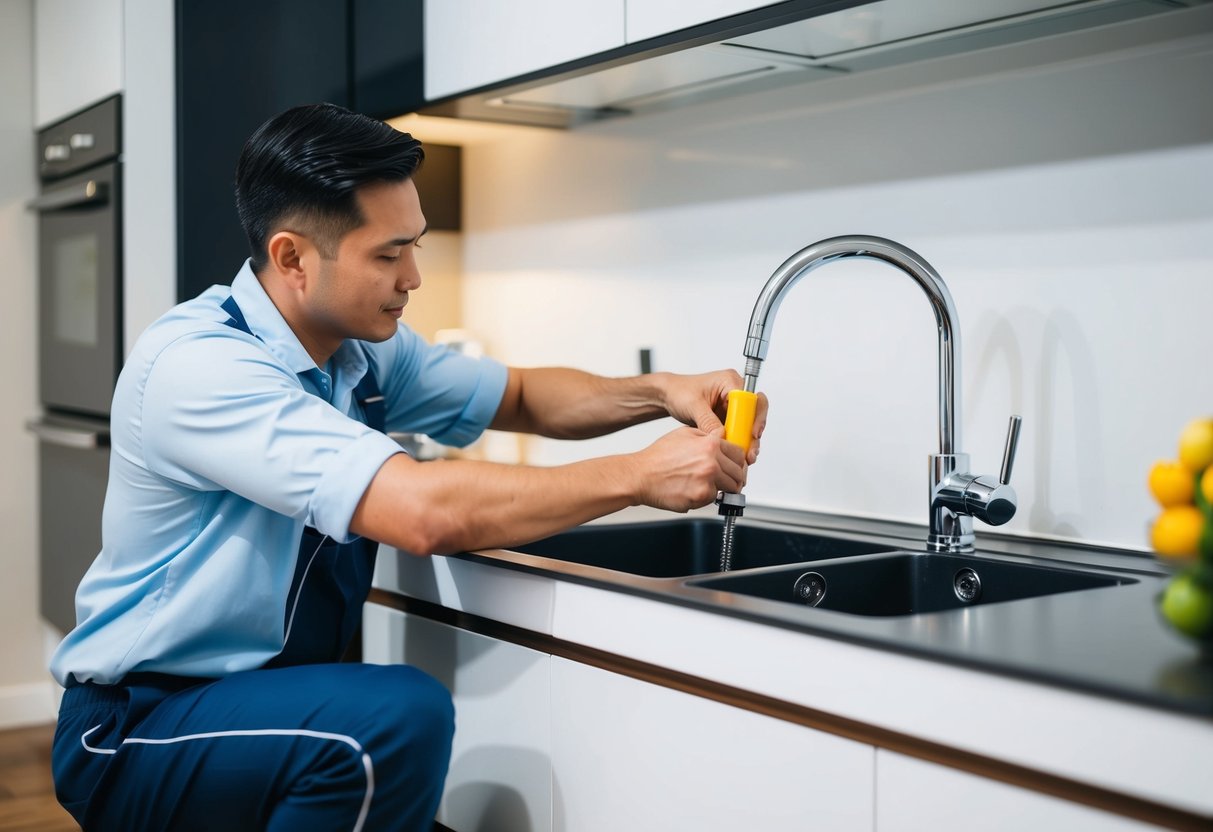 A plumber fixing a leak under a sink in a modern kitchen in Mont Kiara