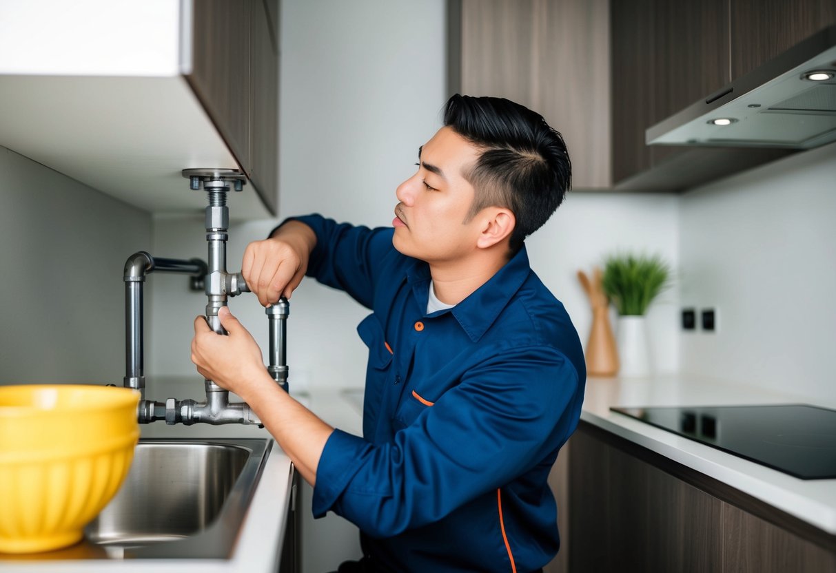 A plumber fixing pipes in a modern kitchen in Mont Kiara