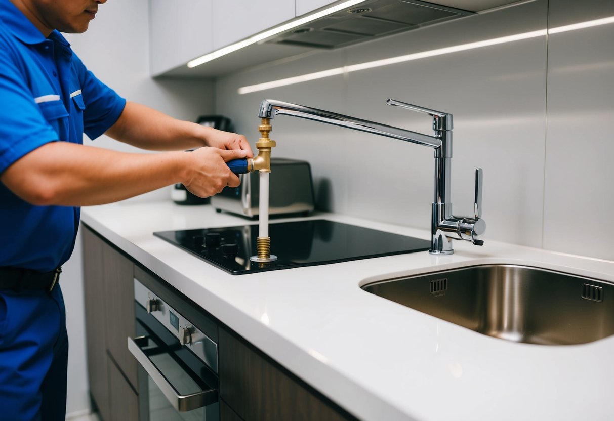 A plumber fixing a leaky pipe in a modern kitchen in Mont Kiara