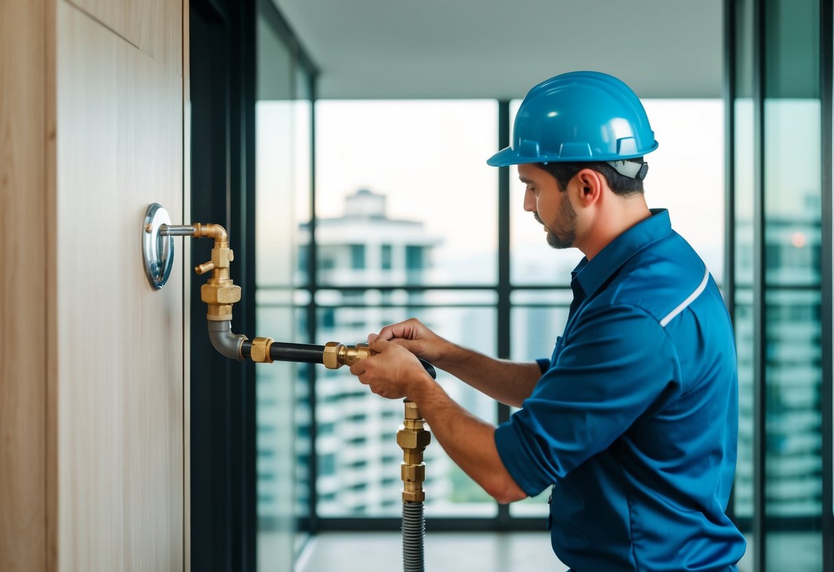 A plumber fixing a leaking pipe in a modern Mont Kiara apartment