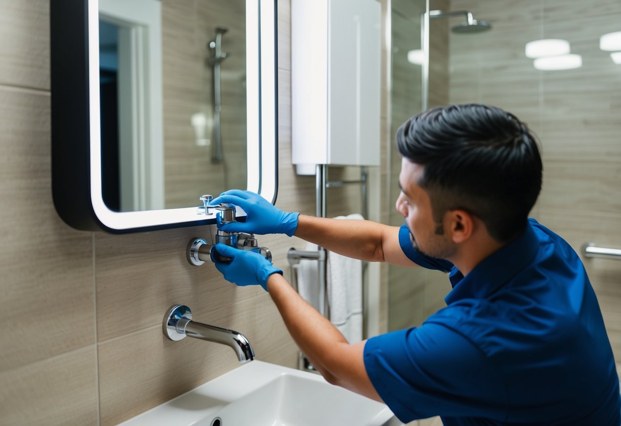 A plumber installing innovative plumbing fixtures in a modern Mont Kiara bathroom