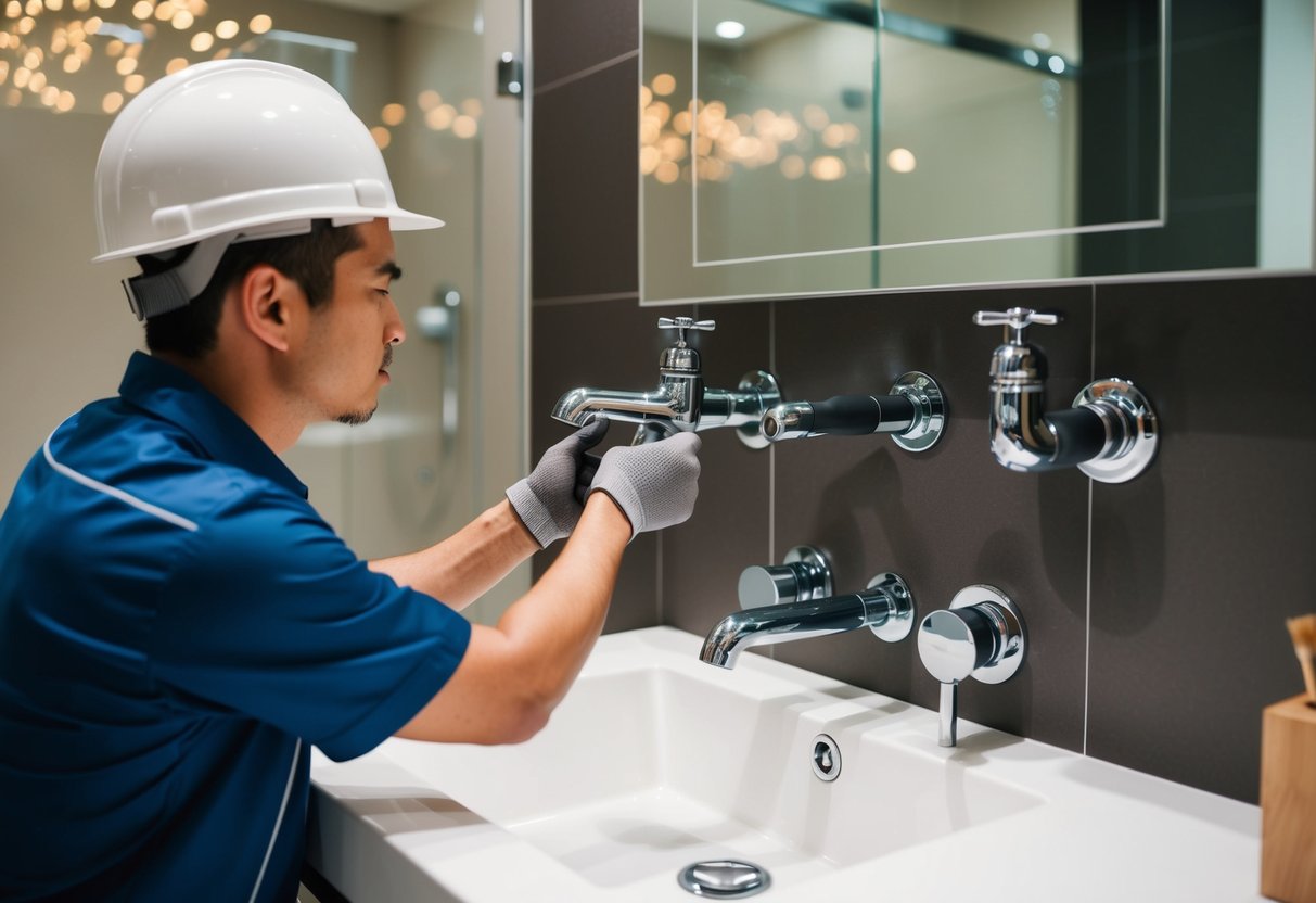 A plumber in Mont Kiara installing eco-friendly plumbing fixtures in a modern bathroom