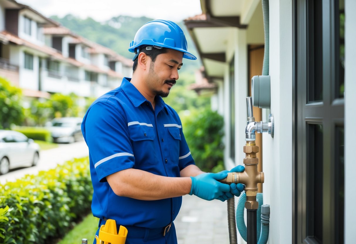 A plumber in a residential area of Mont Kiara, Malaysia, considering costs for a plumbing job