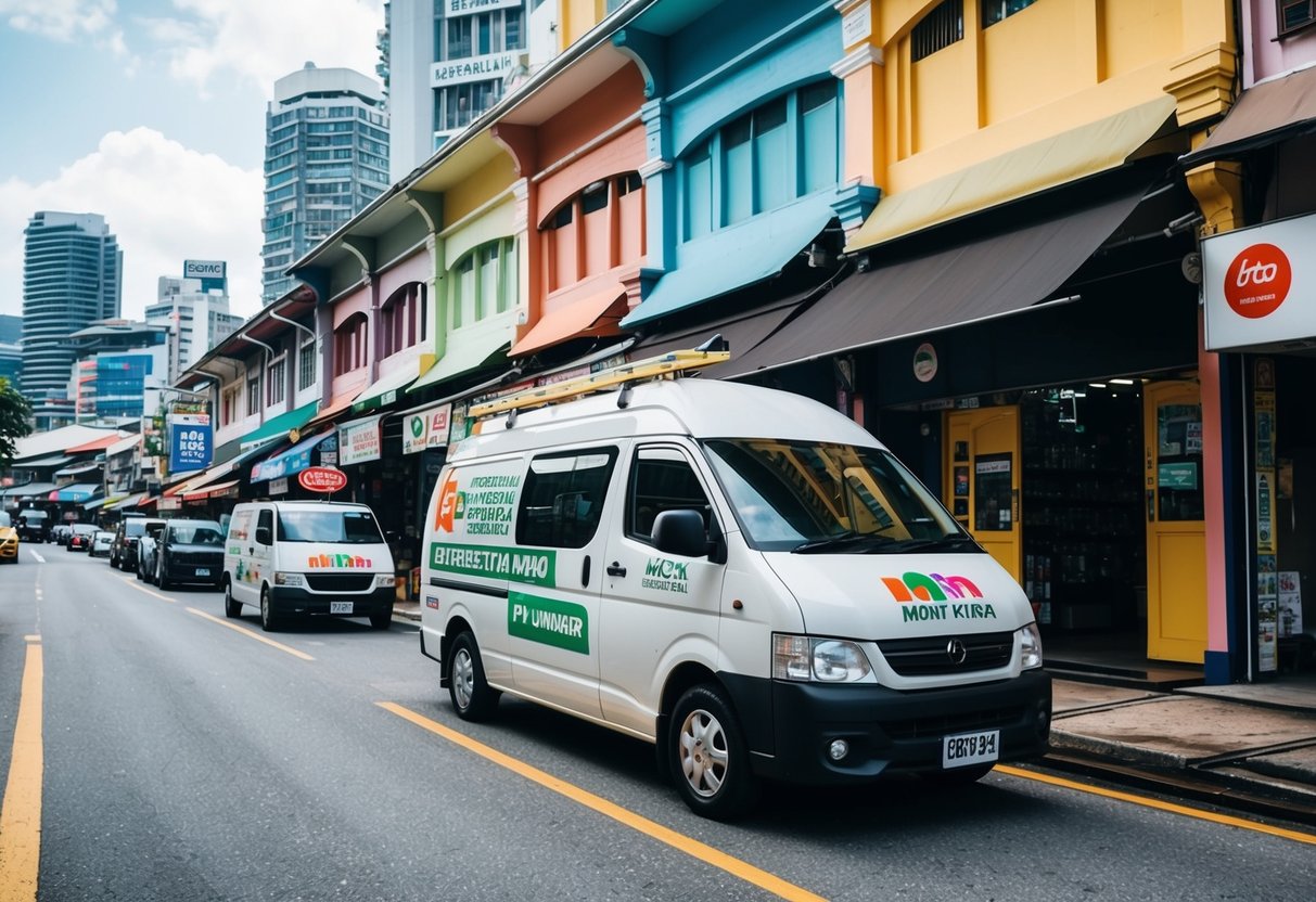 A bustling street in Mont Kiara, with colorful storefronts and a busy plumber's van parked in front of a local business