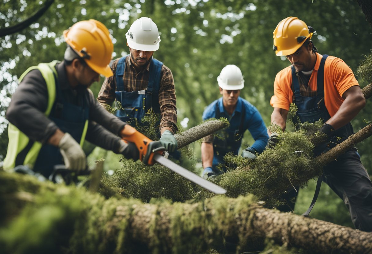 A team of workers cuts down a tall tree with chainsaws and ropes, while others clear away the branches and debris