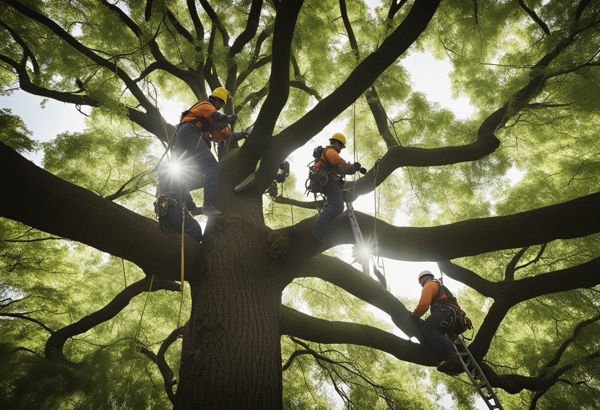 A team of arborists safely remove a large tree using ropes and equipment, while ensuring the surrounding area is clear and secure