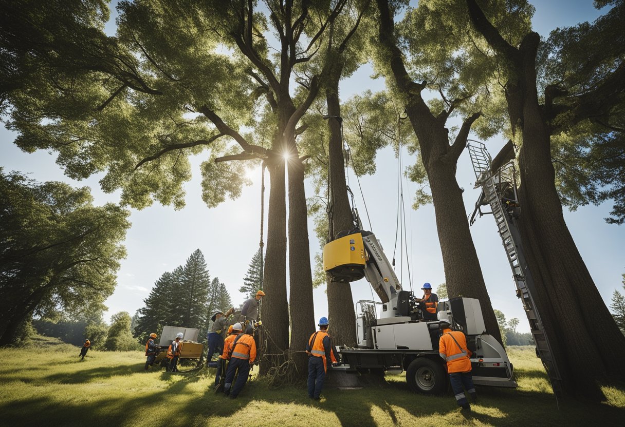 A team of workers and equipment surround a tall tree, preparing for its removal. Ropes, harnesses, and safety gear are in place as they plan the process