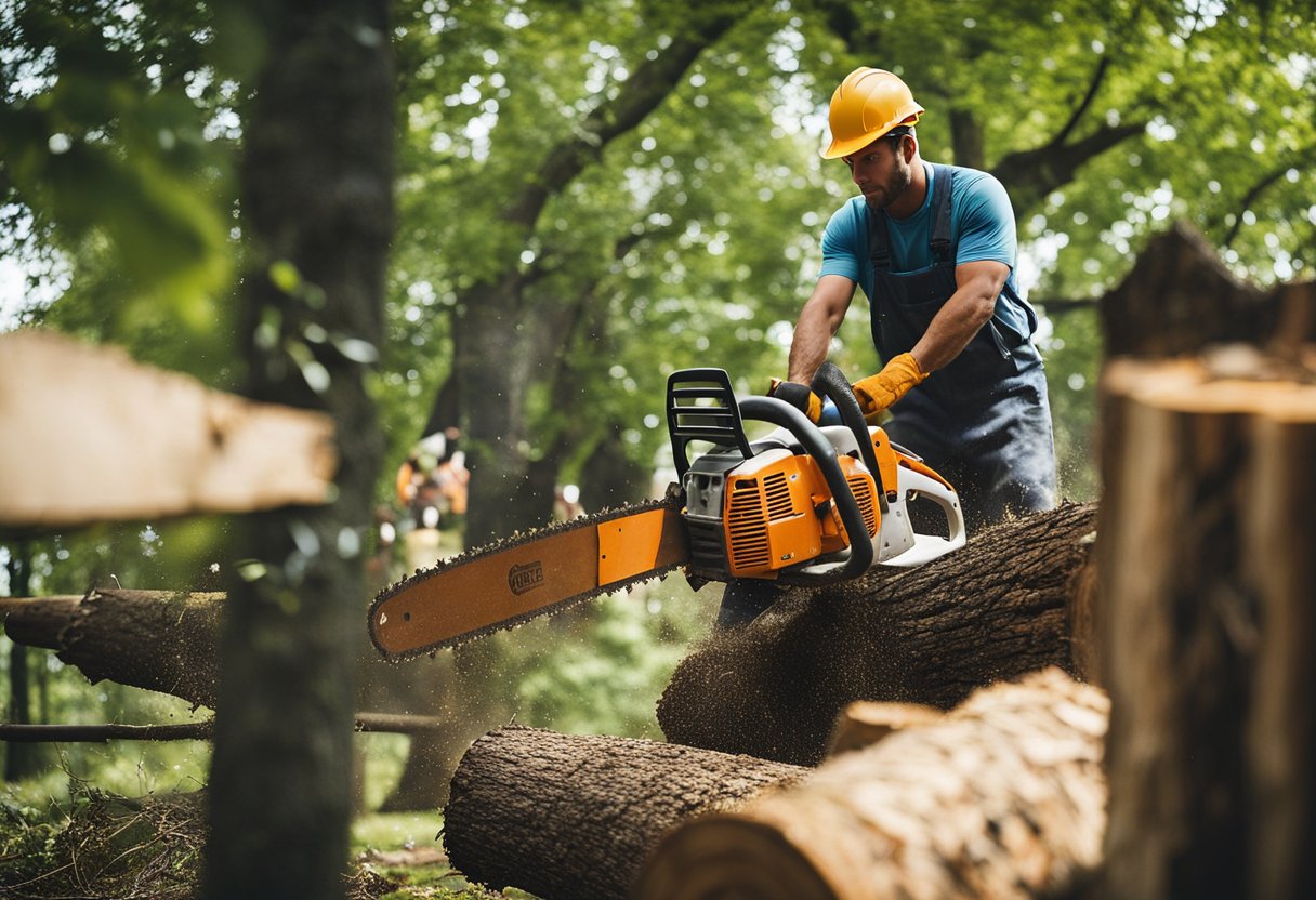 A tree being cut down and removed from a residential property by professional workers using chainsaws and heavy machinery