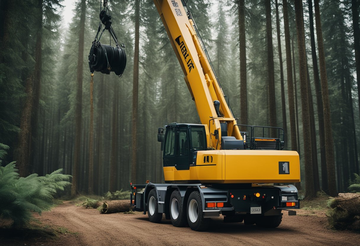 A crane lifting a large tree out of a forest clearing with precision and ease