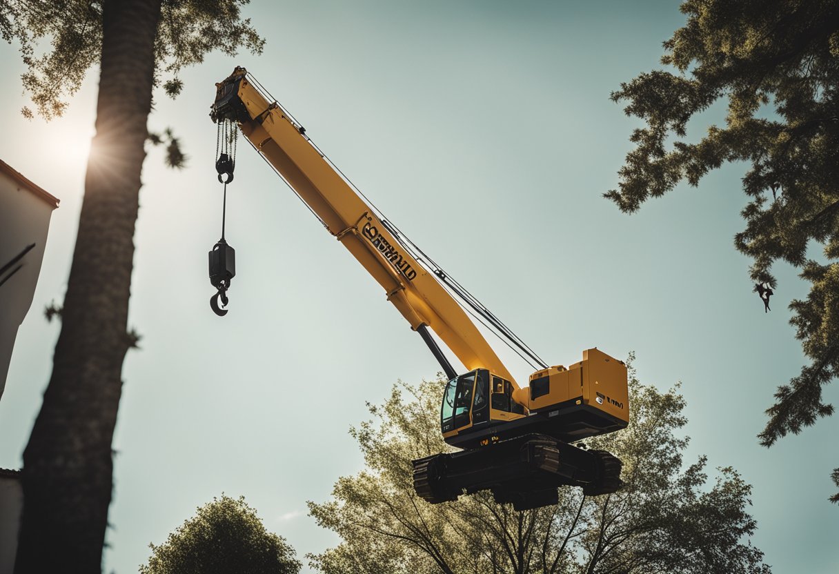 A crane carefully lifts and removes a tree from a yard, avoiding nearby structures and minimizing property damage