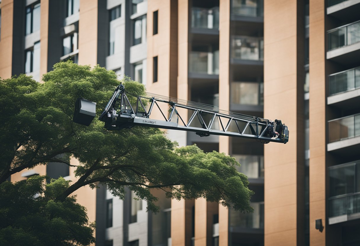 A crane carefully lifts and removes a large tree from a tight space between buildings, minimizing property damage