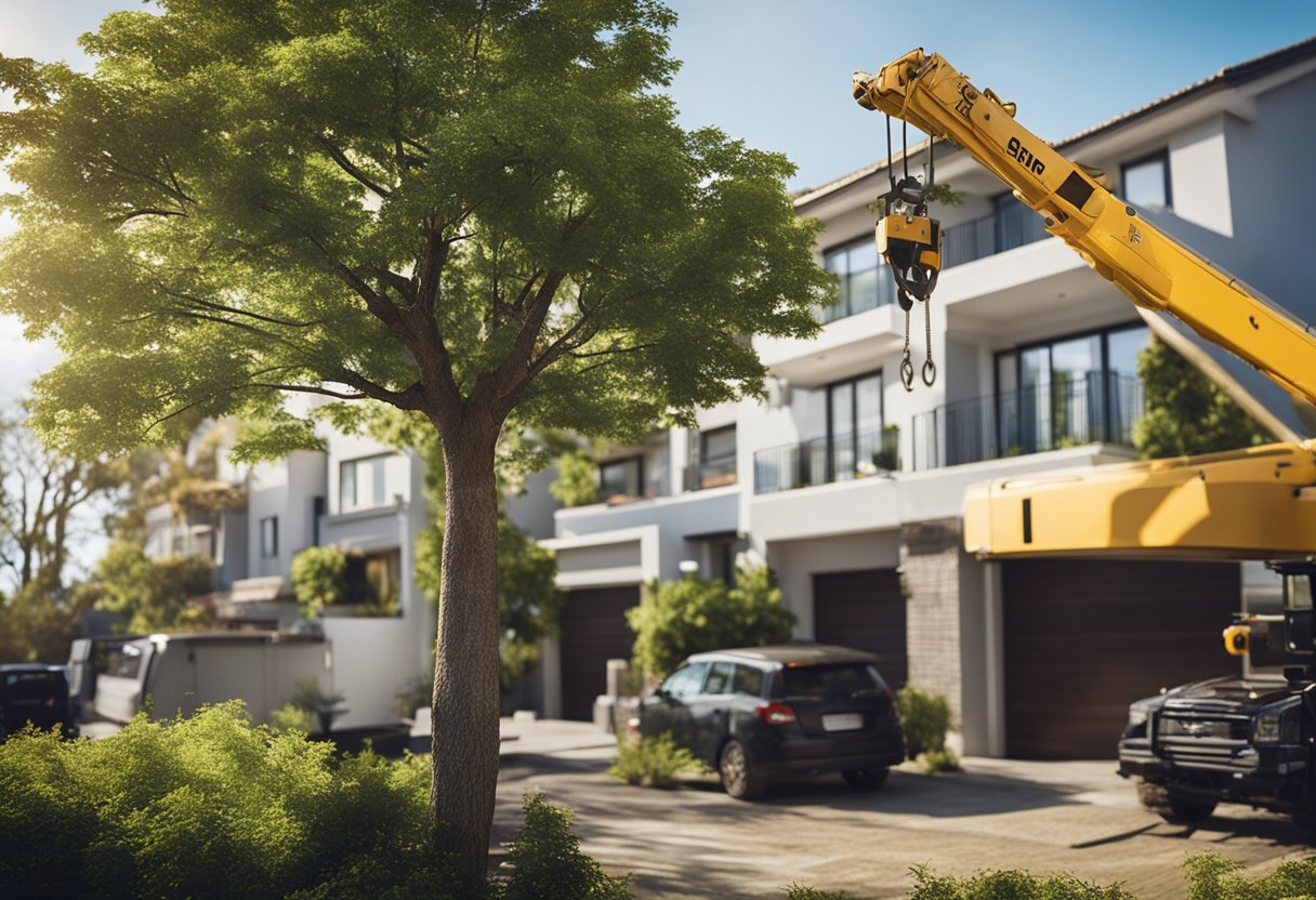 A crane carefully lifts and removes a tree from a residential area, while workers below secure the area and guide the process